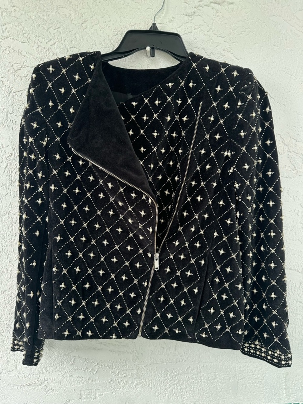 Zara Pearl Rhinestone Black Velvet Encrusted Moto Jacket Small - Picture 3 of 10